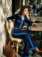 Refined Navy Contrast-Trim Wide-Leg Knit Jumpsuit