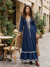 Romantic Navy Lace-Trim Lace-Up Maxi Dress