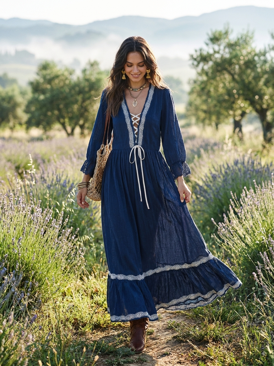 Romantic Navy Lace-Trim Lace-Up Maxi Dress