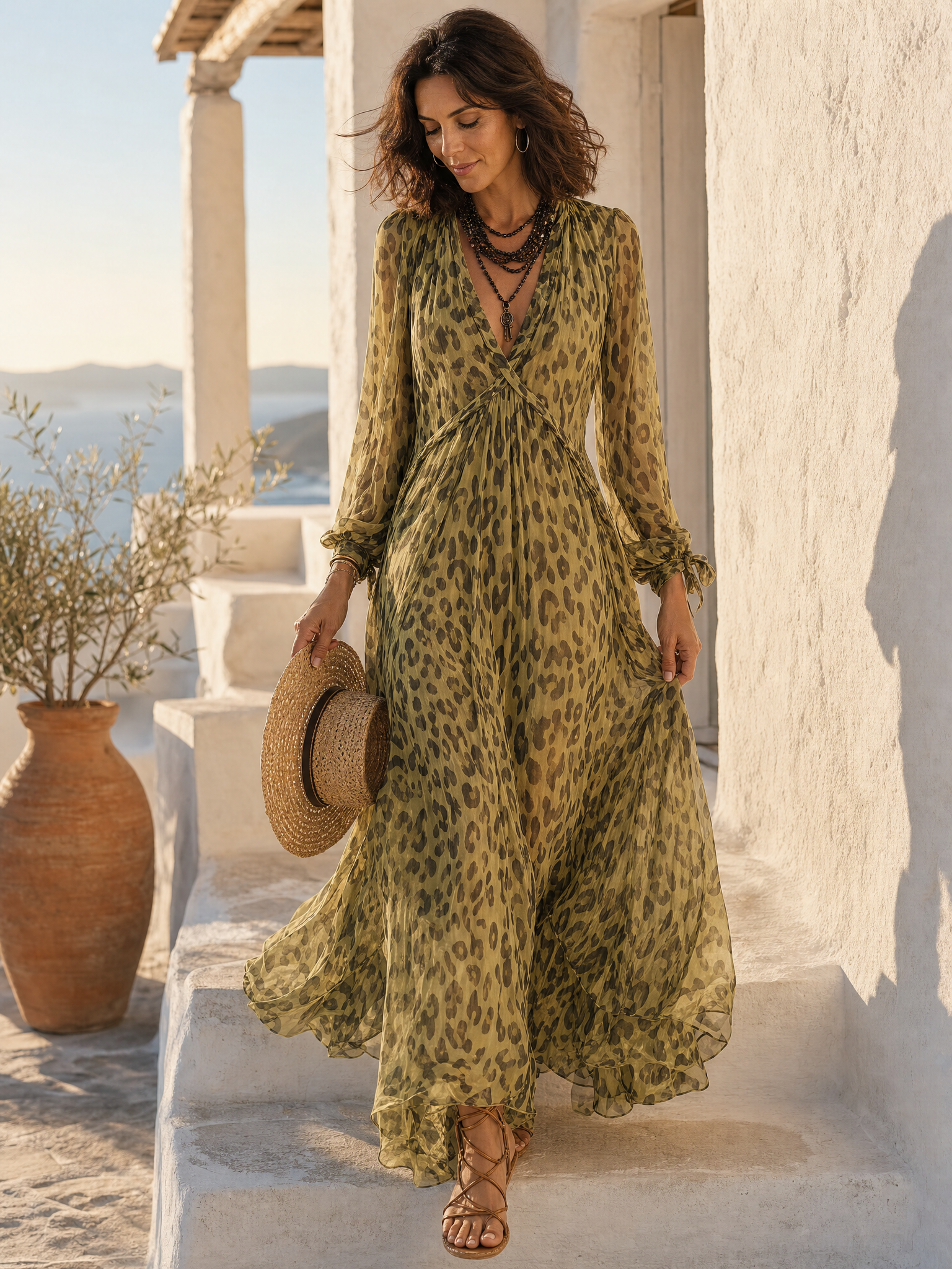 Olive Green Leopard Print Chiffon Long-sleeved Bohemian Dress