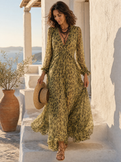 Olive Green Leopard Print Chiffon Long-sleeved Bohemian Dress
