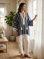 Women's Navy Striped Tassel-Tie Lace Trim Blouse