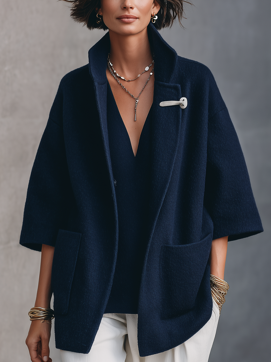 Minimalist Navy Blue Stand-up Collar Duffle Coat