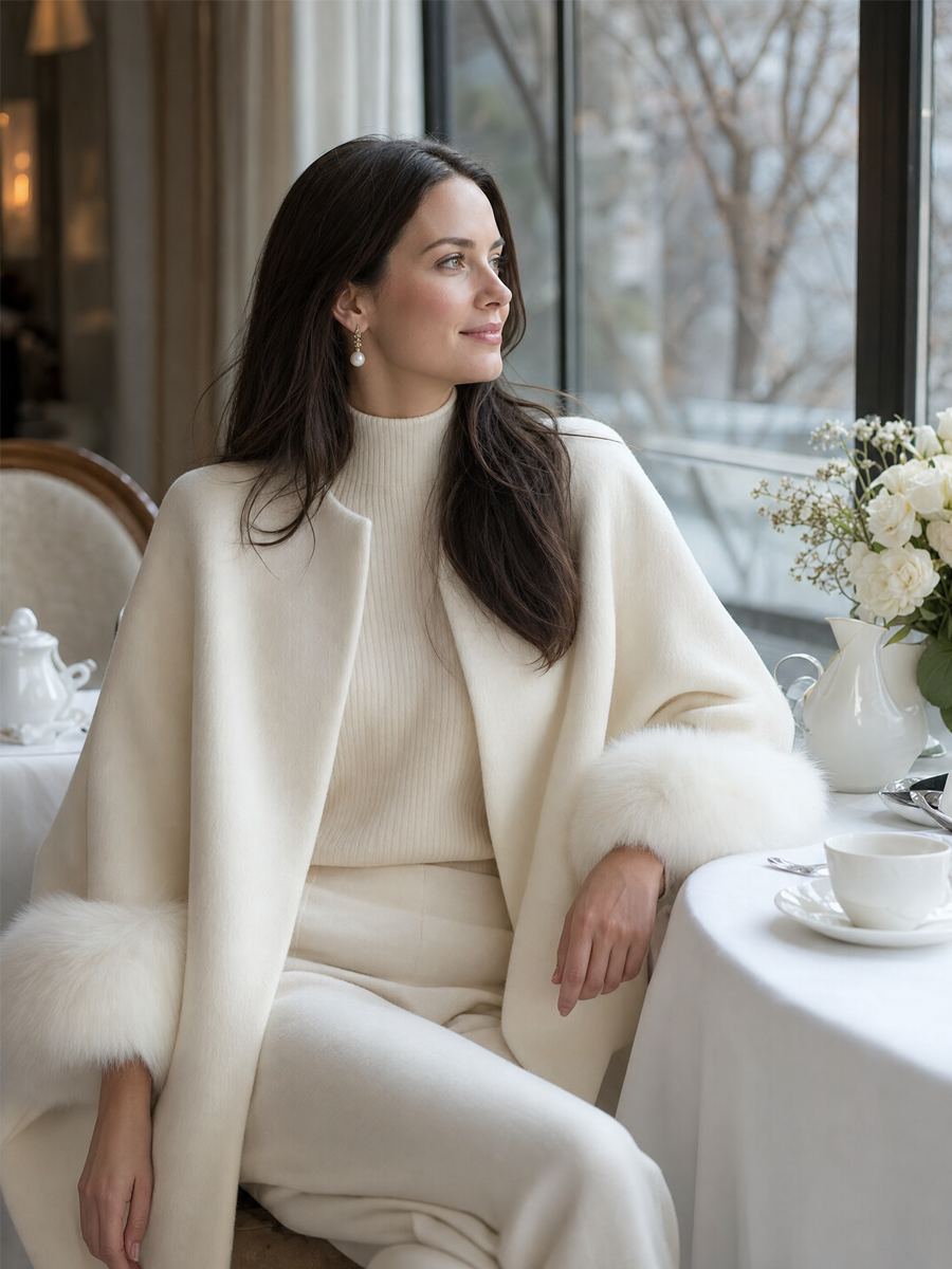 Elegant Ivory Faux Fur Cuff Collarless Jacket