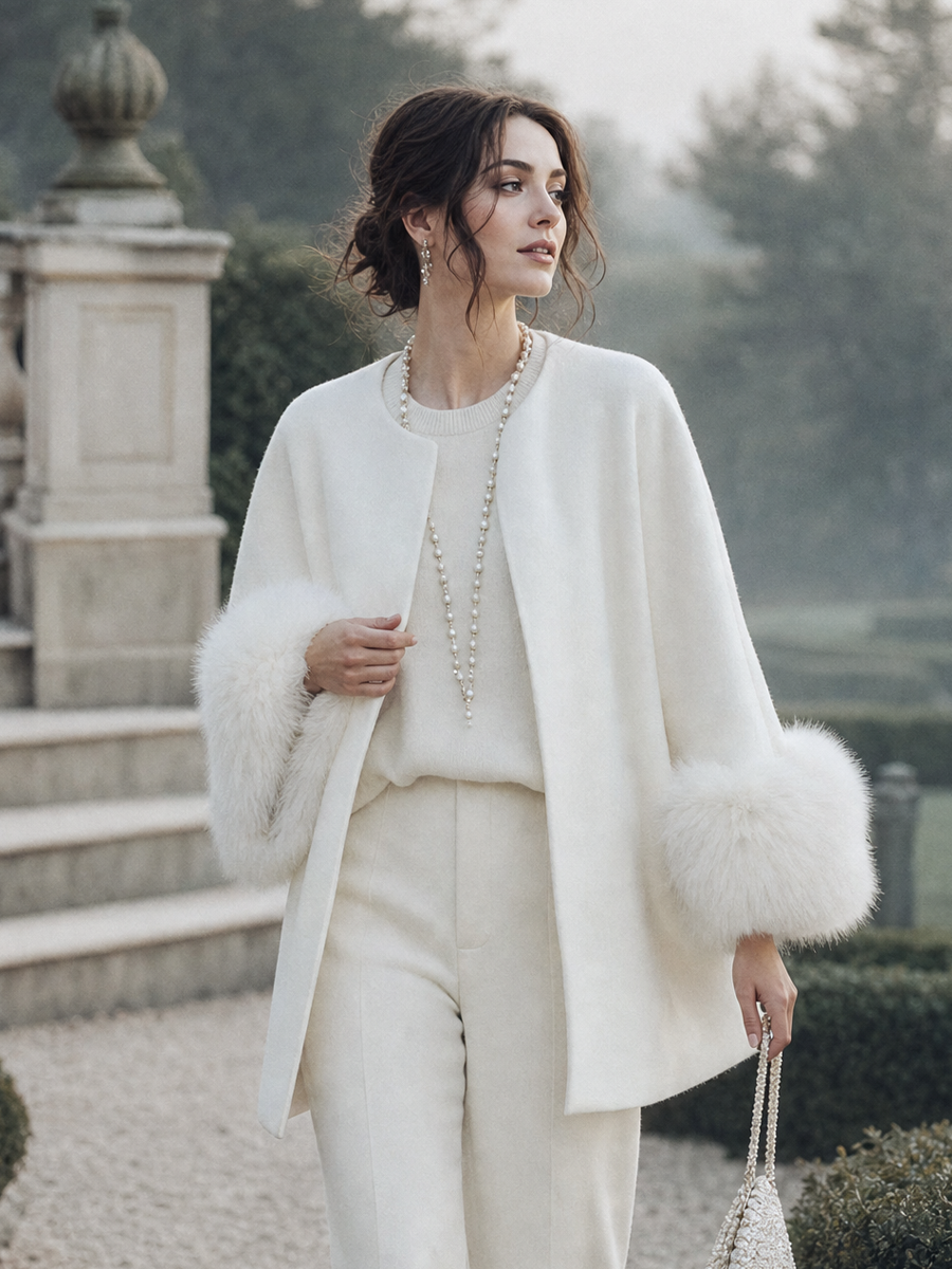 Elegant Ivory Faux Fur Cuff Collarless Jacket