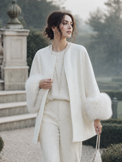Elegant Ivory Faux Fur Cuff Collarless Jacket