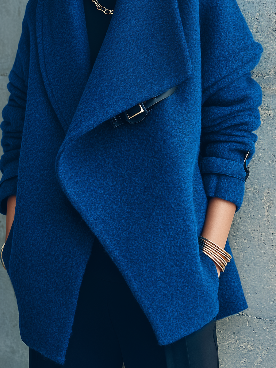 Modern Cobalt Blue Waterfall Collar Coat