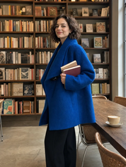 Modern Cobalt Blue Waterfall Collar Coat