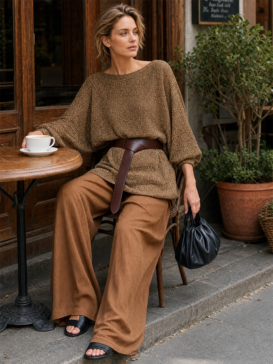 Quiet Luxe Metallic Knit Top & Flowing Wide Leg Pants Set