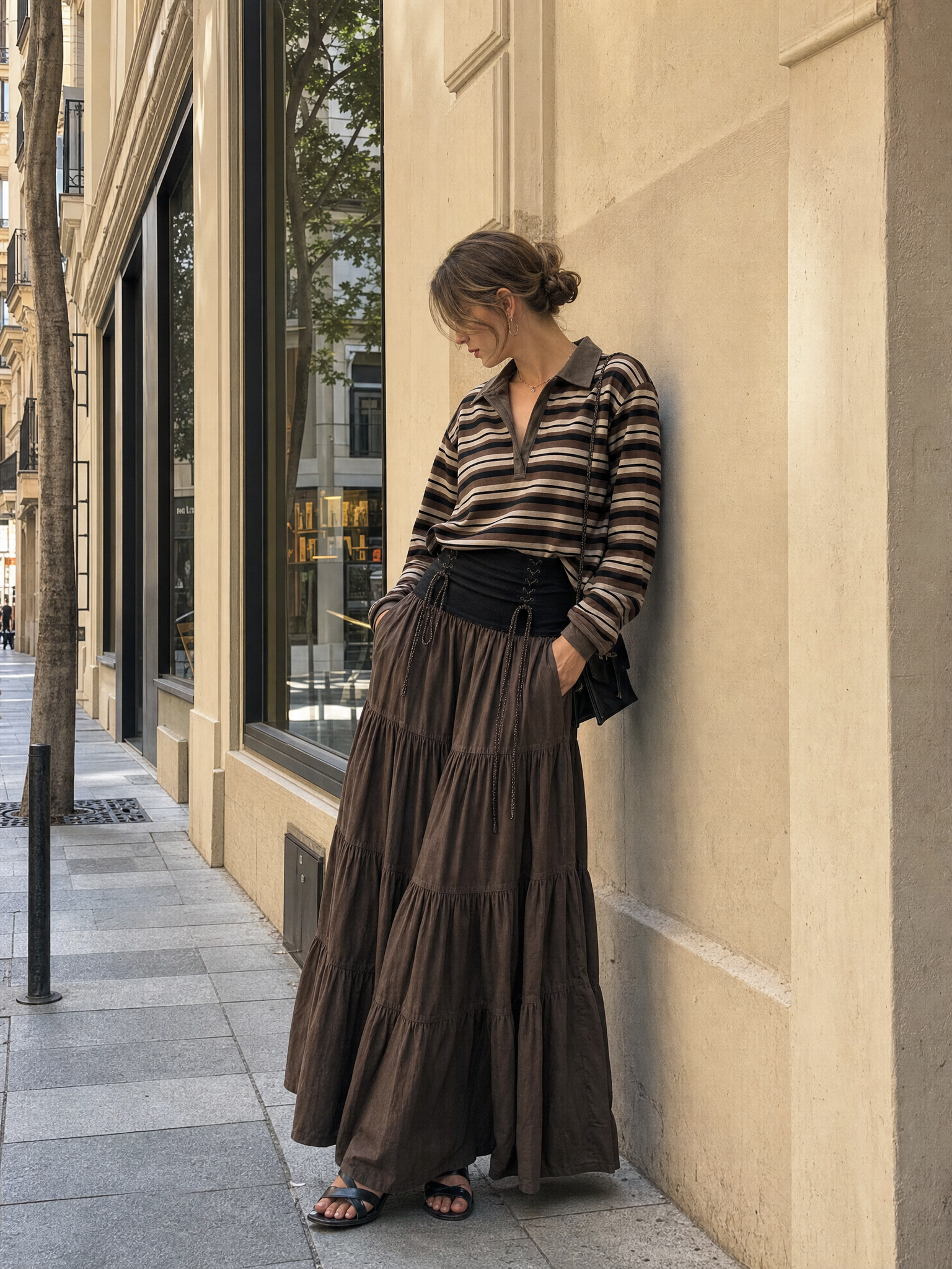 Earthy Boho Striped Polo Top & Tiered Maxi Skirt Set