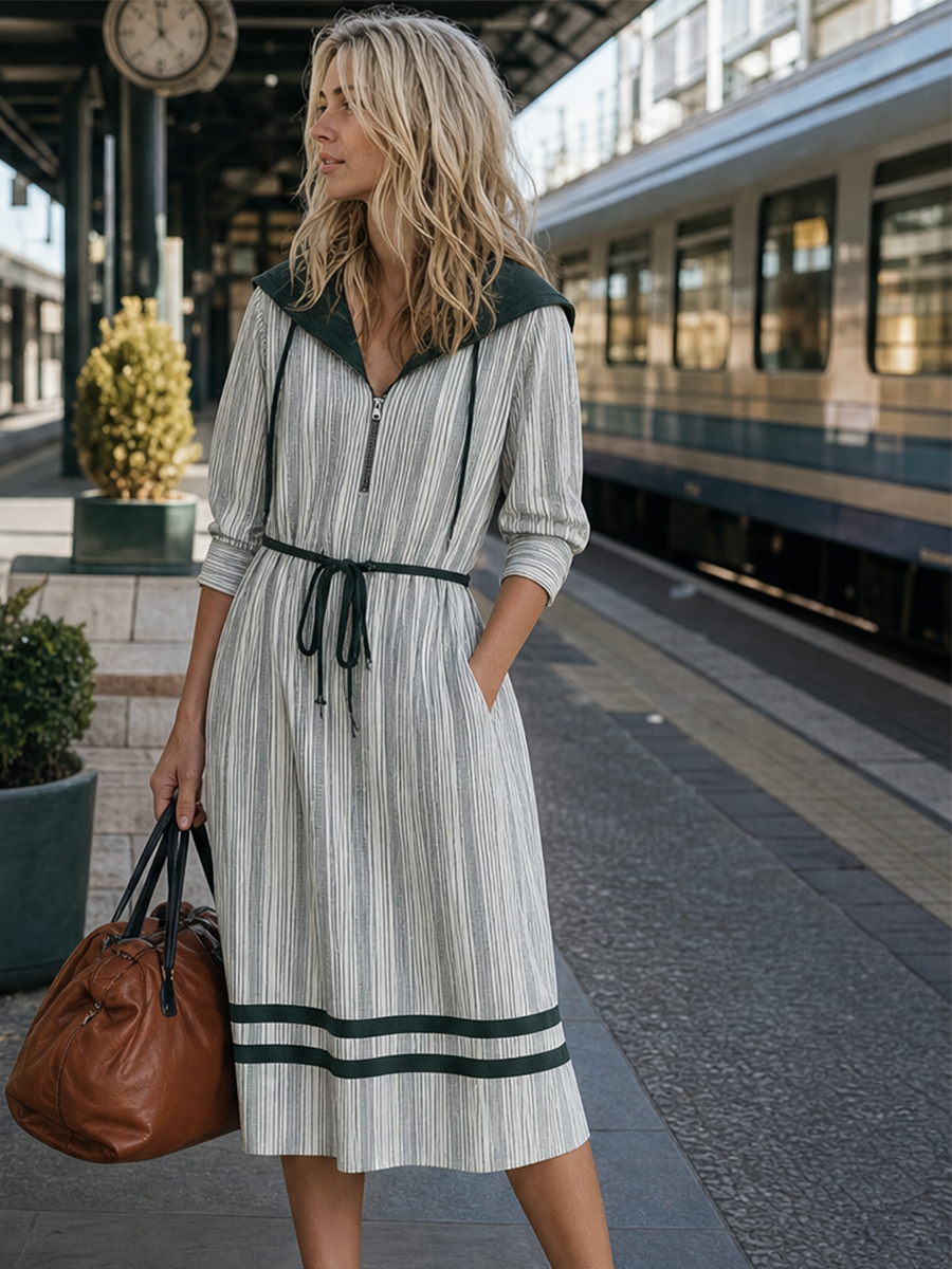 Effortless Chic Striped Hooded Shirt Midi Dress