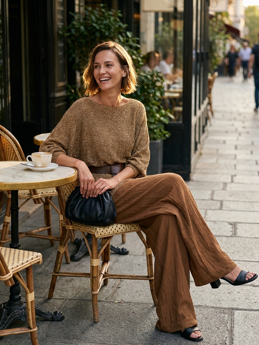 Quiet Luxe Metallic Knit Top & Flowing Wide Leg Pants Set