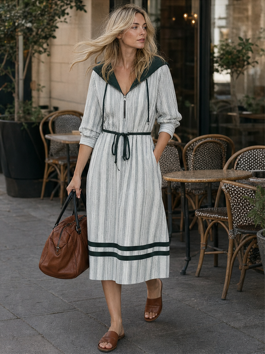Effortless Chic Striped Hooded Shirt Midi Dress