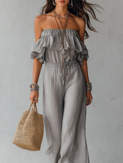 Bohemian style Gray Off the shoulder Wide leg Jumpsuit With Ruffled Details