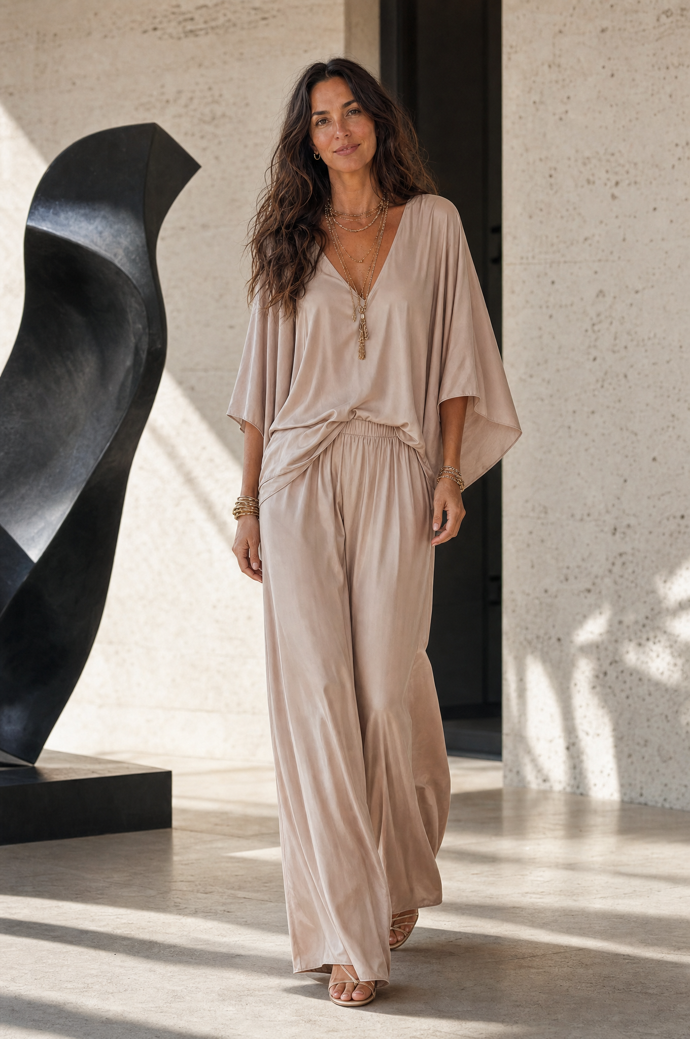Elegant Champagne-colored Batwing Sleeve Suit