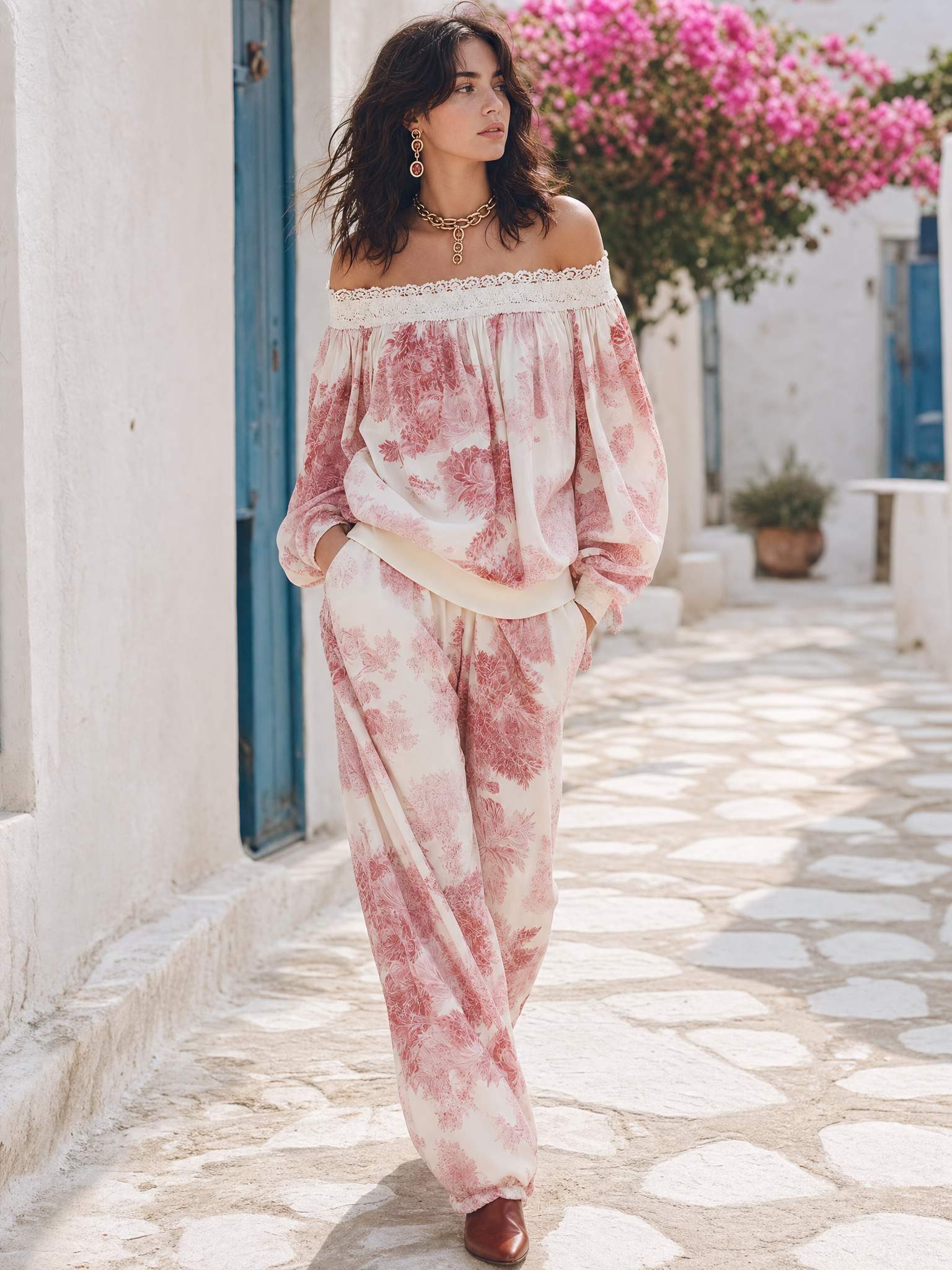 Romantic Ivory Pink Floral Off-Shoulder Two-Piece Set