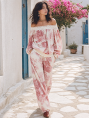 Romantic Ivory Pink Floral Off-Shoulder Two-Piece Set