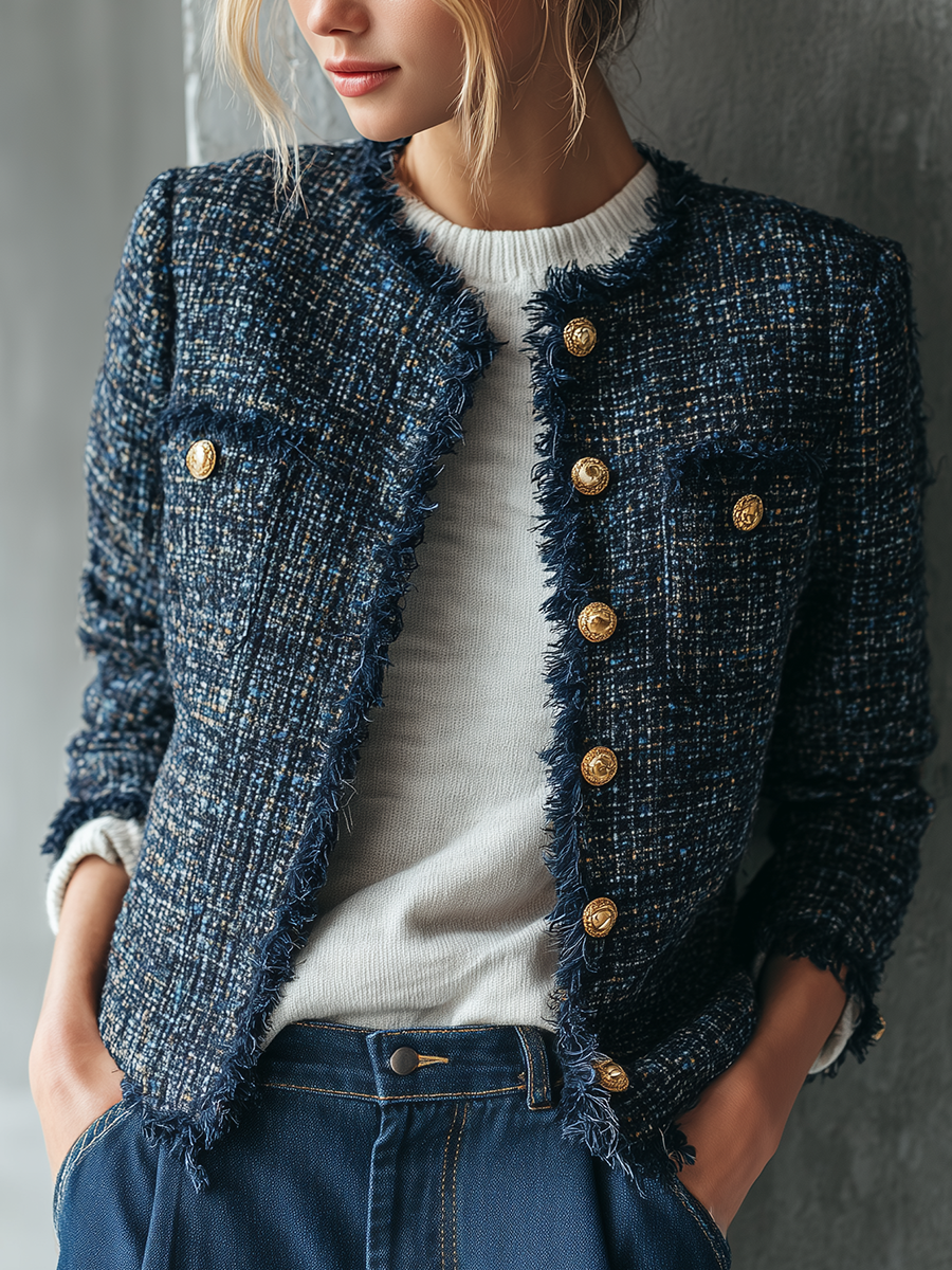 Parisian Chic Navy Tweed Fringe Jacket