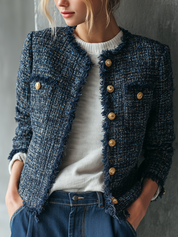 Parisian Chic Navy Tweed Fringe Jacket