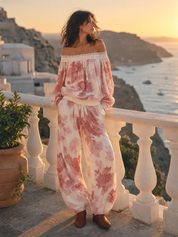 Romantic Ivory Pink Floral Off-Shoulder Two-Piece Set