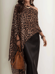 Glam Boho Leopard Chiffon Cape Top & Black Satin Maxi Skirt Set