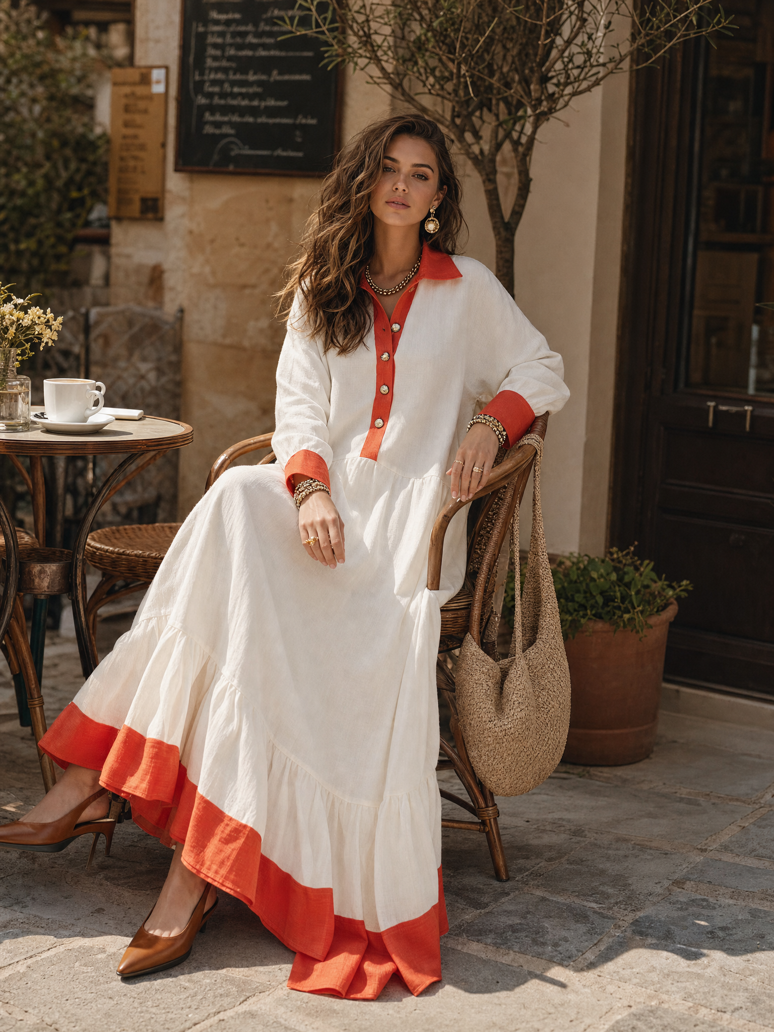 Effortless Ivory Red Contrast Collar Tiered Maxi Dress