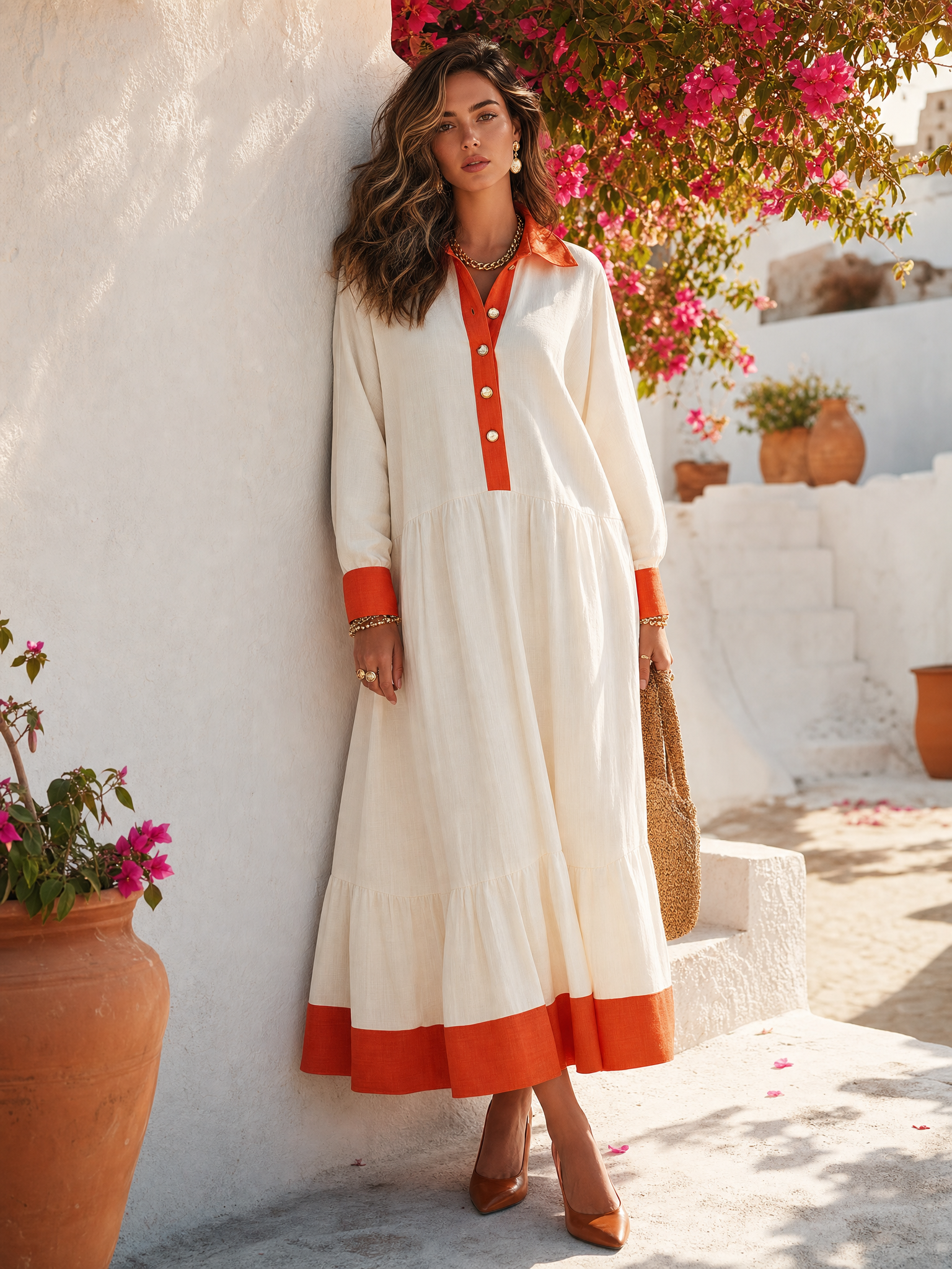 Effortless Ivory Red Contrast Collar Tiered Maxi Dress