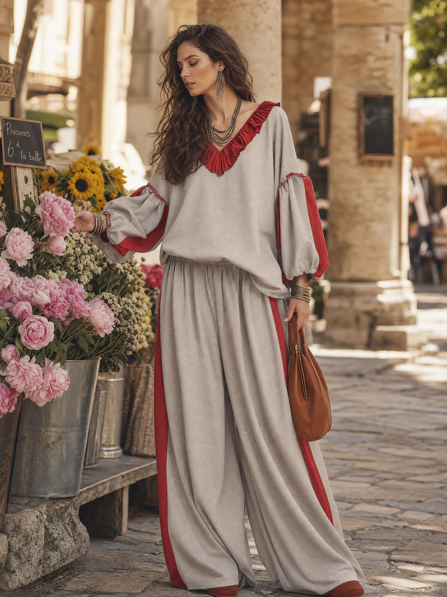 Effortless Light Gray Contrast Ruffle Wide-Leg Two-Piece Set