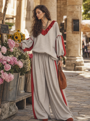 Effortless Light Gray Contrast Ruffle Wide-Leg Two-Piece Set