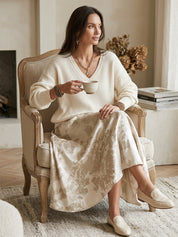 Elegant V-Neck Ribbed Sweater & Jacquard Skirt Set