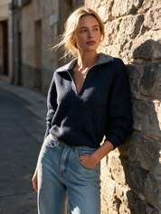 Relaxed Navy Ribbed Polo Knit Sweater Top