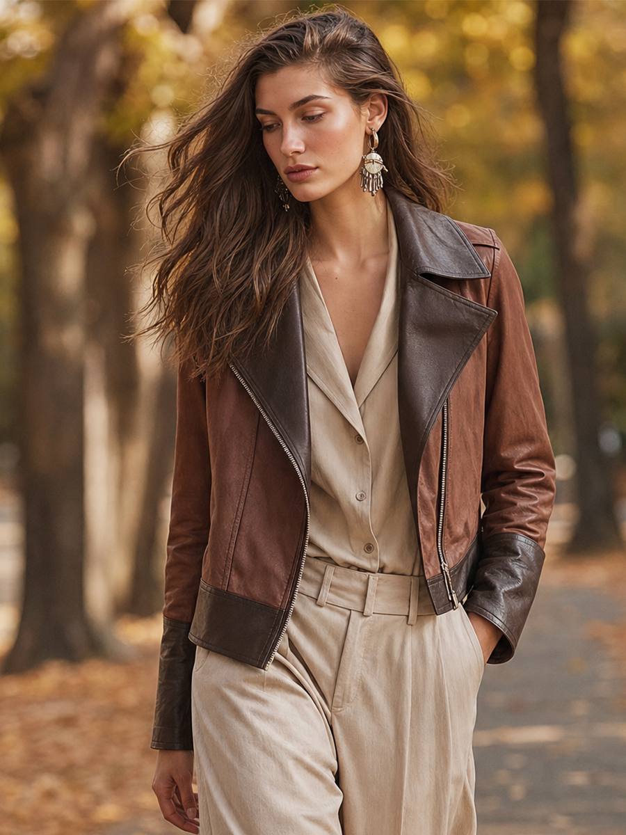 Classic Brown Leather Panel Biker Jacket