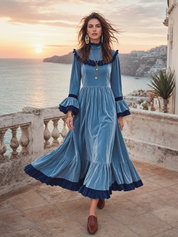 Romantic Dusty Blue Contrast Ruffle Maxi Dress