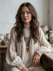 Lace-trimmed Pleated Cotton Linen Blouse