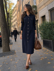 Timeless Navy Corduroy Shirt Midi Dress