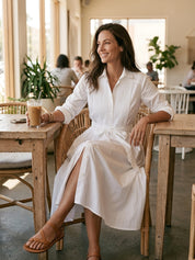 Effortless Cotton Blend Soft White Midi Shirt Dress