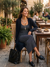 Striped Slip Midi Dress with Knit Cardigan