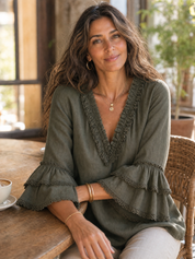 Ruffled Lace Cotton Linen Long-sleeved Blouse