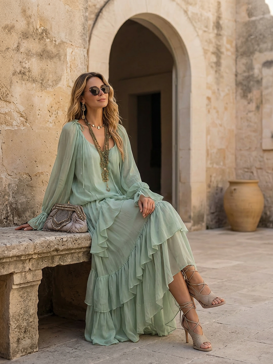Bohemian Mint Chiffon Ruffle Blouse With Layered Skirt