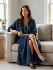 Textured Long Sleeve Button-Front Maxi Shirt Dress