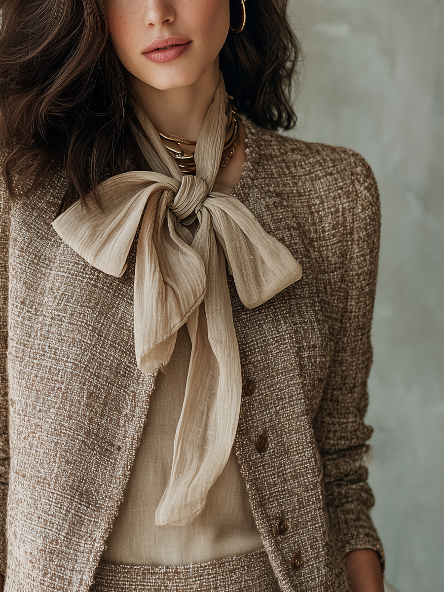 Exquisite Camel-colored Tweed Coat With Bow