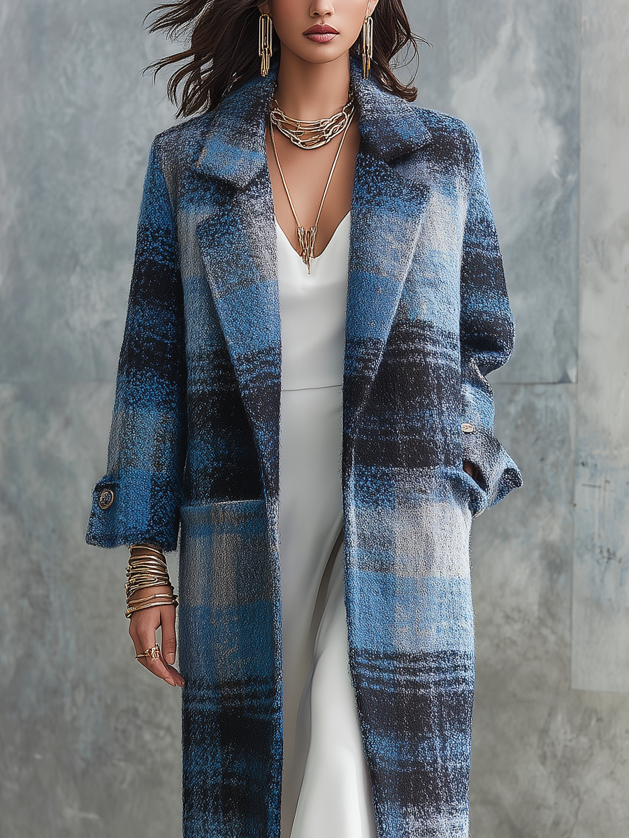 Classic Blue Plaid Lapel Long Coat
