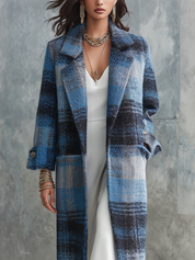 Classic Blue Plaid Lapel Long Coat
