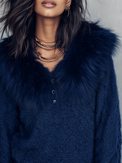 Luxe Navy Textured Knit Faux Fur Collar V-Neck Sweater