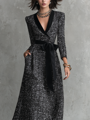 Polished Black White Tweed Bow-Waist Maxi Dress