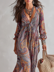 Vintage Paisley Print V neck Dress With Tie Waist