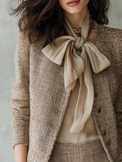 Exquisite Camel-colored Tweed Coat With Bow