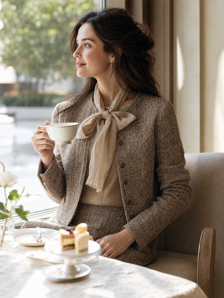 Exquisite Camel-colored Tweed Coat With Bow
