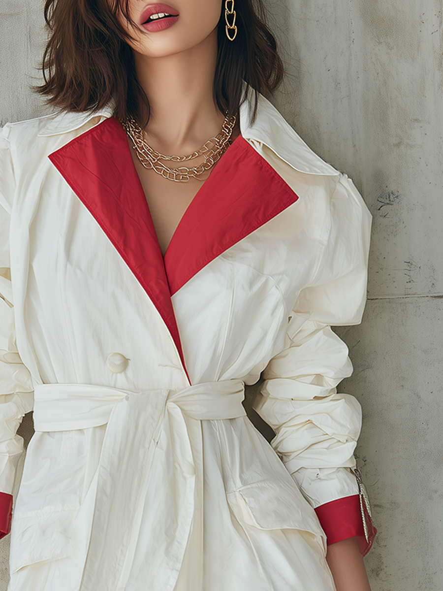 Modern Ivory Contrast Red Lapel Belted Trench Coat