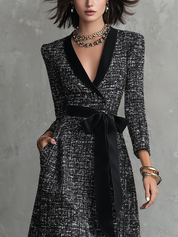 Polished Black White Tweed Bow-Waist Maxi Dress